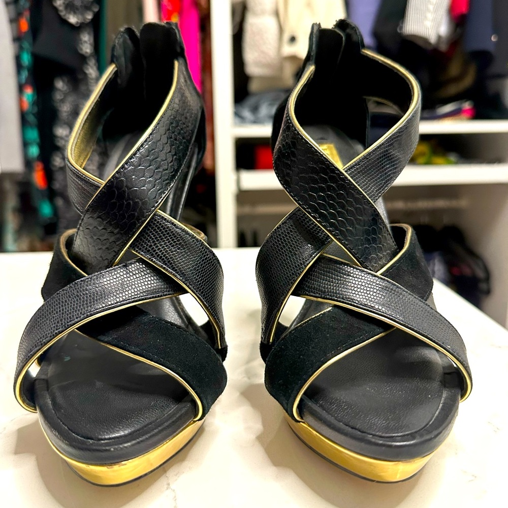 BCBG black and gold strappy sandal